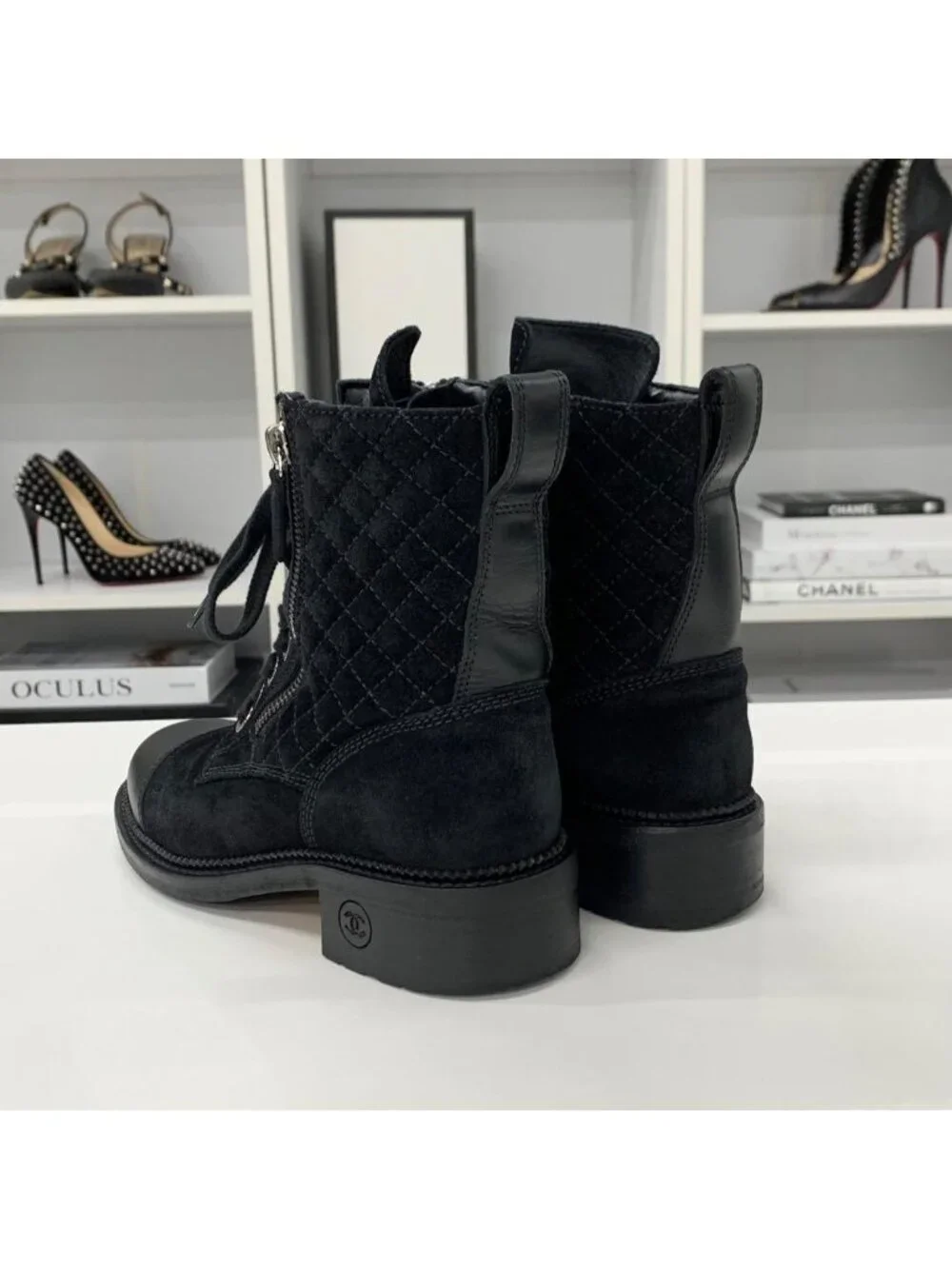 Chanel CC Logo Suede Leather Quilted Short Boots